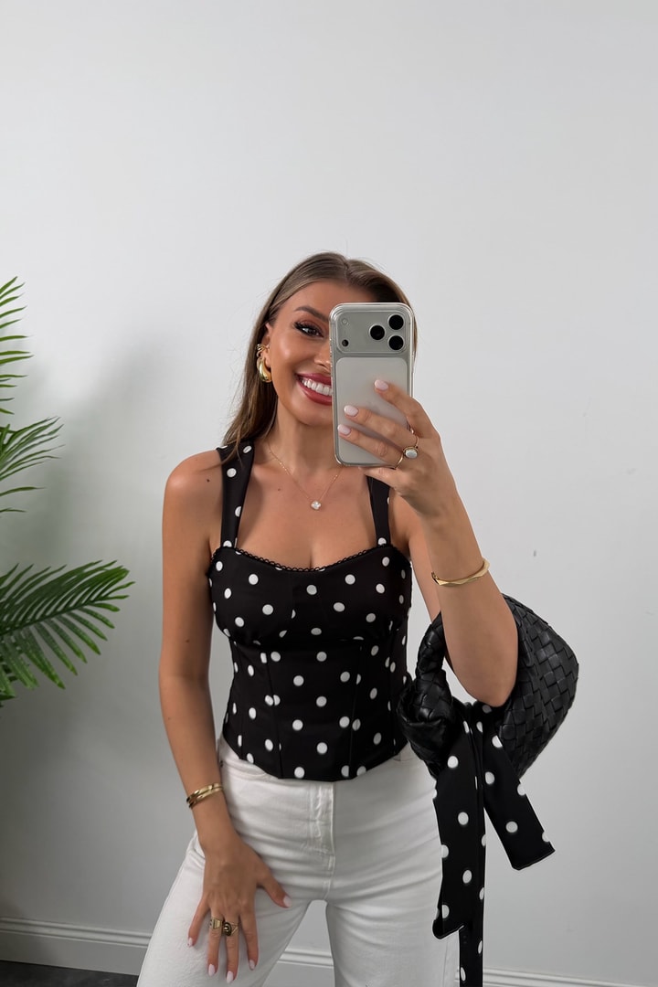 Premium Seri Fularlı Puantiyeli Korse Bluz Siyah
