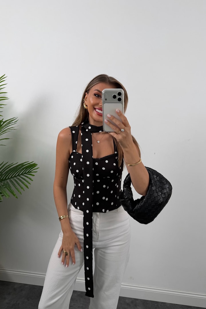 Premium Seri Fularlı Puantiyeli Korse Bluz Siyah
