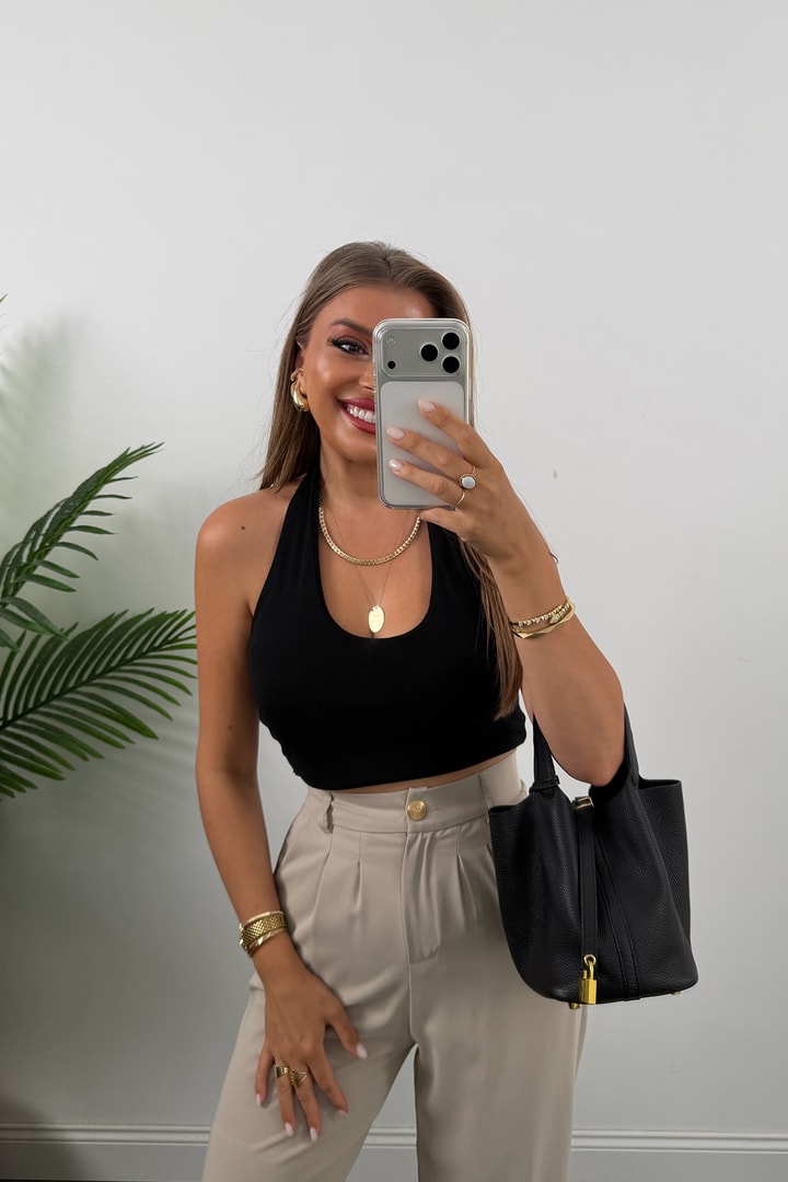 Premium Seri Gold Düğme İpekli Krep Dökümlü Palazzo Taş