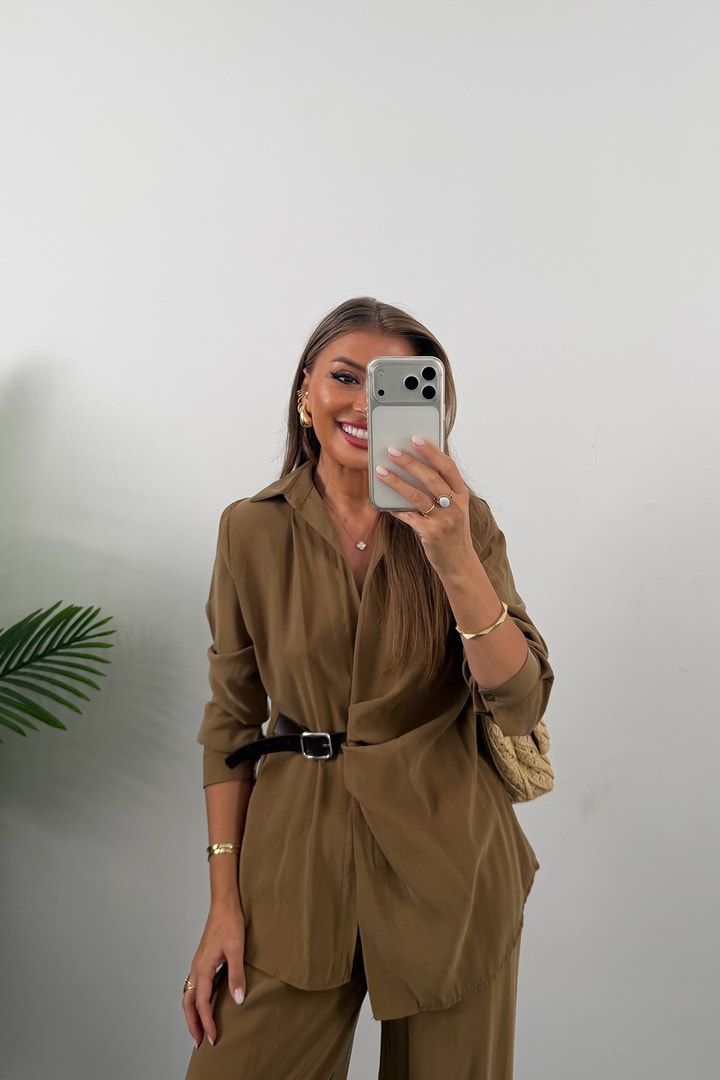Premium Seri Gömleği Kemerli Tensel Takım Haki