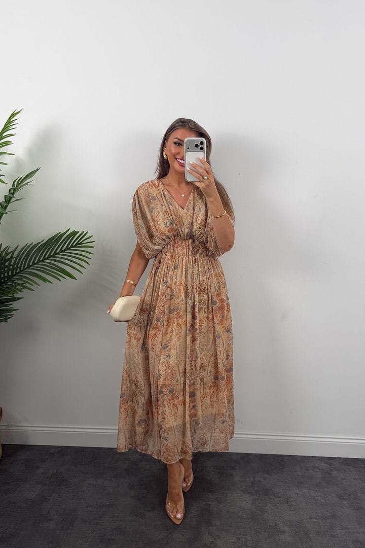 Premium Seri Helen Dökümlü Maxi Şifon Elbise