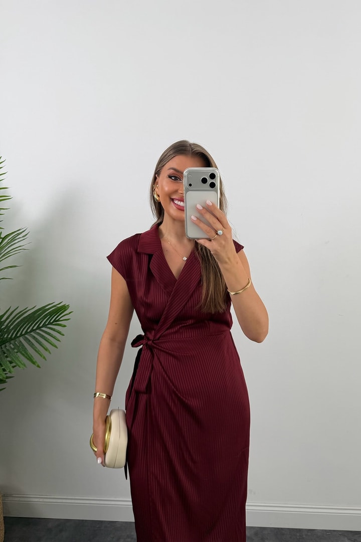 Premium Seri İpek Saten Midi Boy Anvelop Elbise Bordo