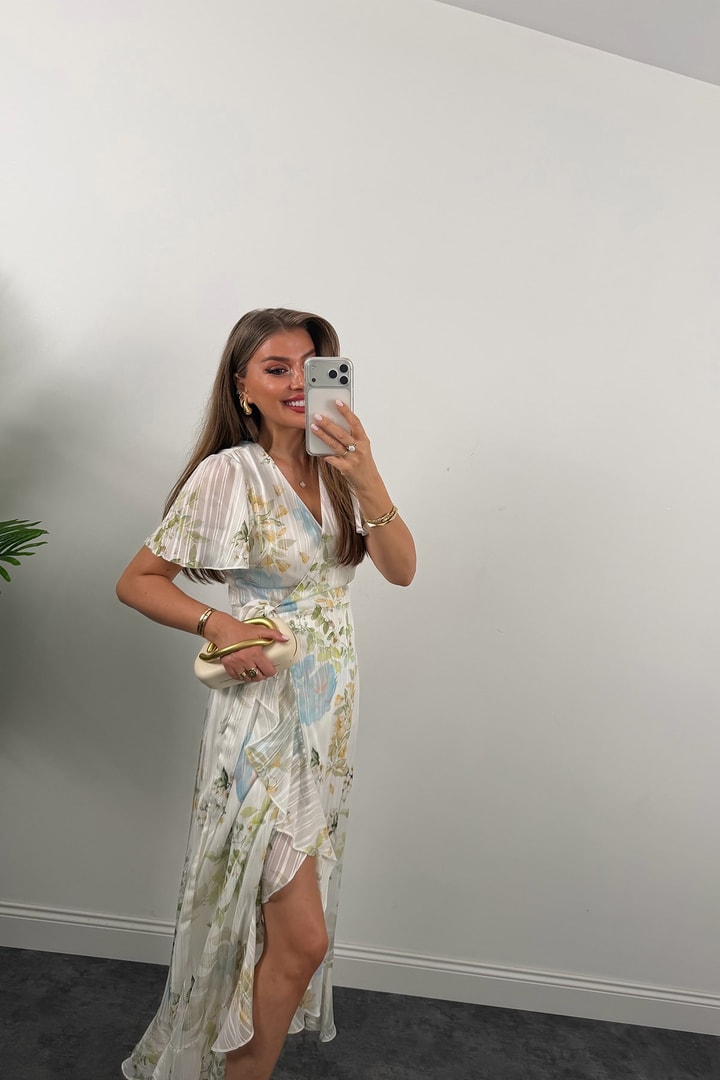 Premium Seri İpek Şifon Foral Midi Elbise
