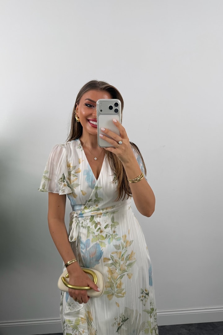 Premium Seri İpek Şifon Foral Midi Elbise