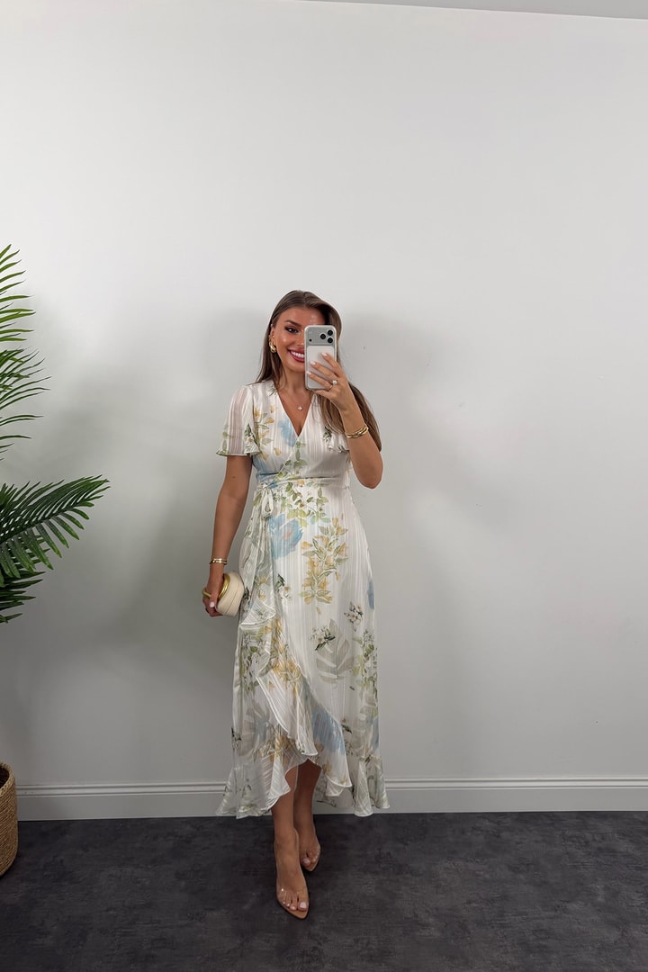 Premium Seri İpek Şifon Foral Midi Elbise