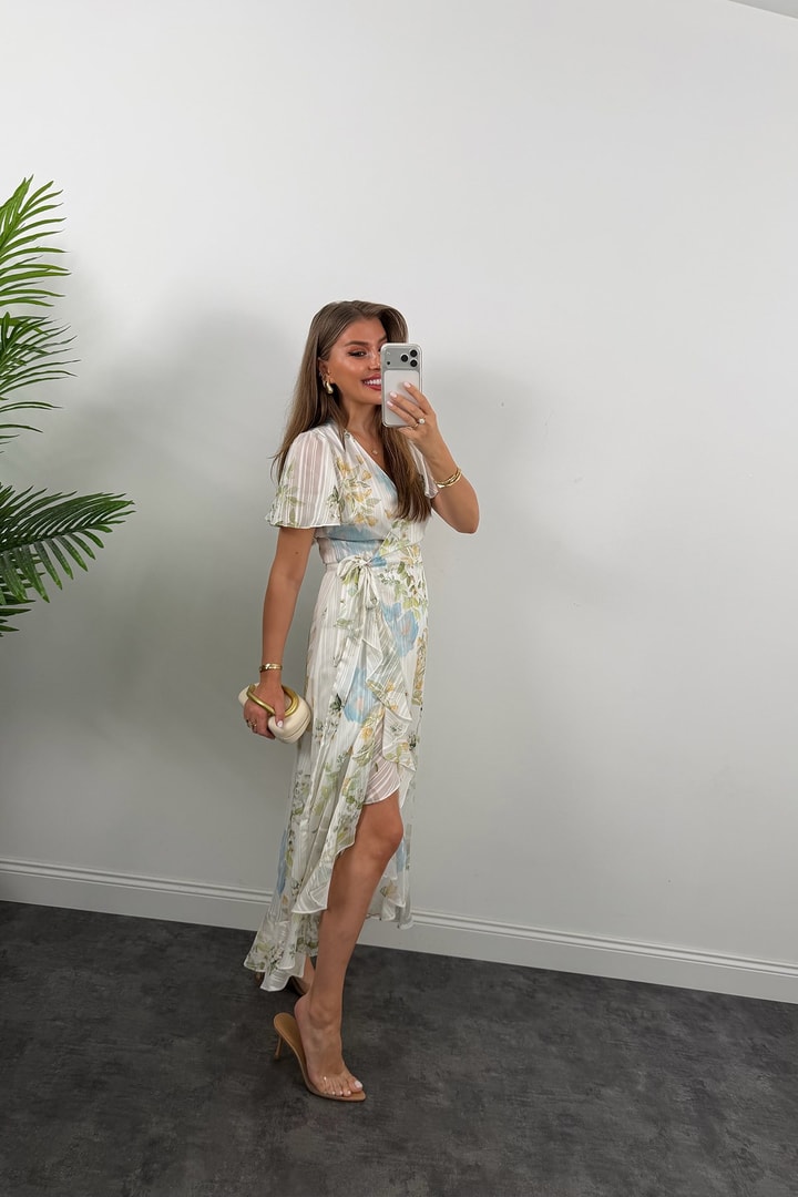 Premium Seri İpek Şifon Foral Midi Elbise