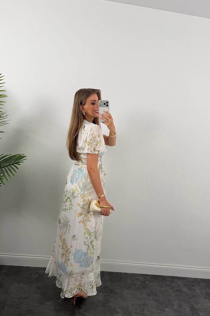 Premium Seri İpek Şifon Foral Midi Elbise