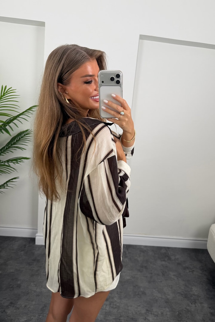 Premium Seri Kahve Taş Çizgili Salaş Gömlek