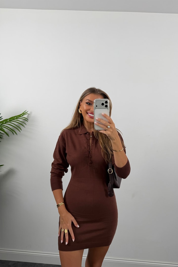 Premium Seri Kaşmir Dokulu Polo Yaka Triko Elbise Kahverengi