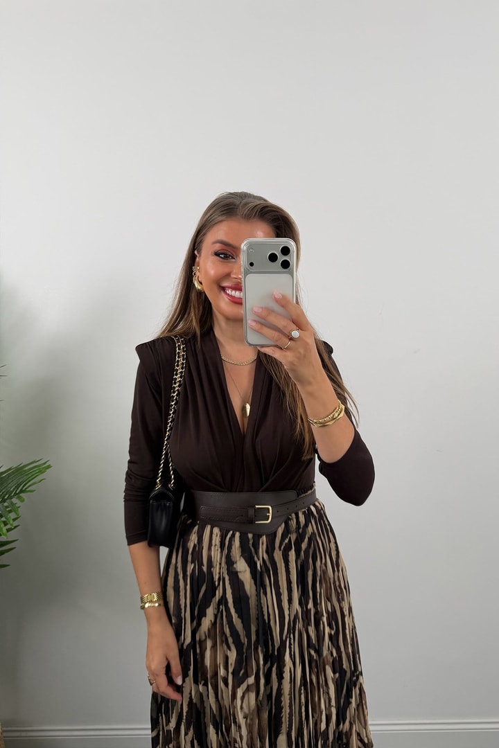 Premium Seri Kemerli Asimetrik Midi Şifon Etek Kahve
