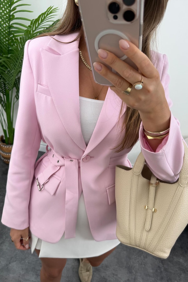 Premium Seri Kemerli Oturtma Double Kumaş Blazer Pembe
