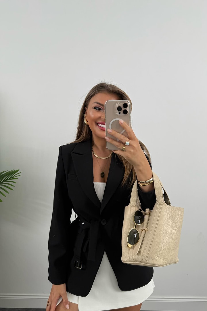 Premium Seri Kemerli Oturtma Double Kumaş Blazer Siyah
