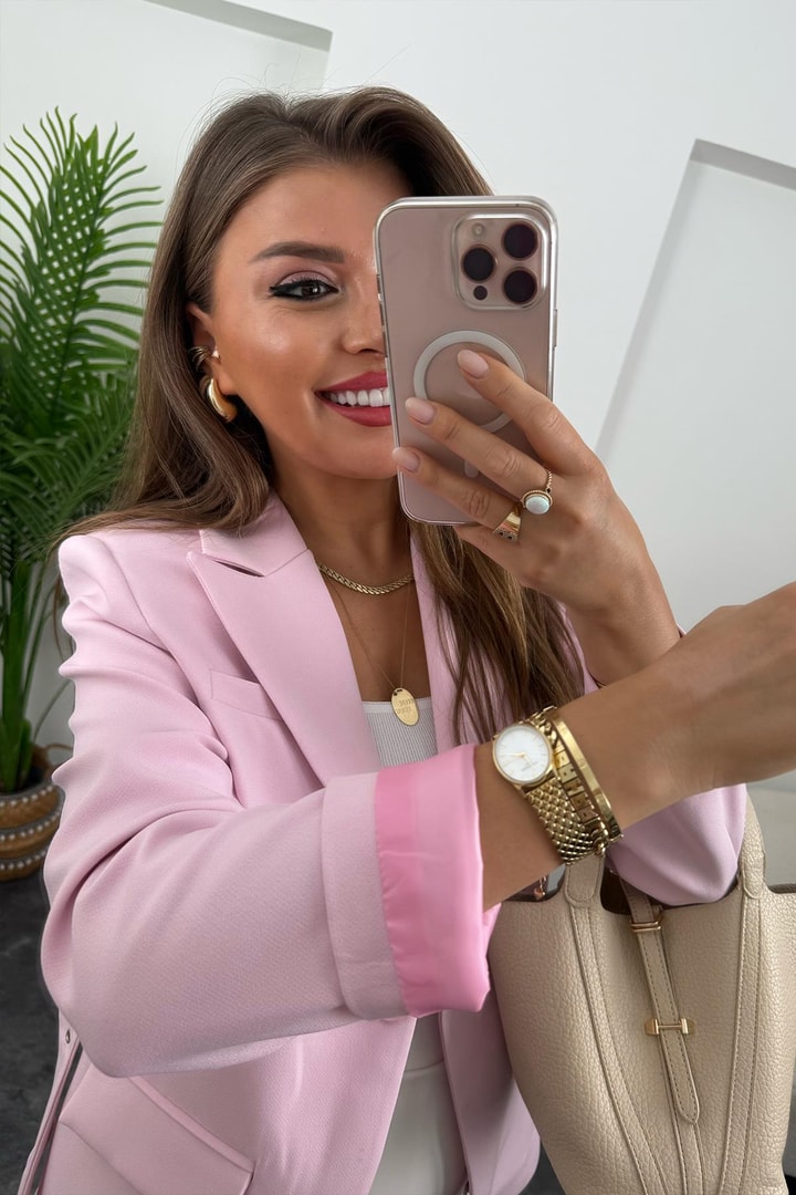Premium Seri Kemerli Oturtma Double Kumaş Blazer Pembe