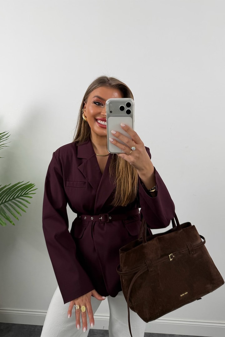 Premium Seri Kemerli Özel Dokulu Poliviskon Blazer Mürdüm