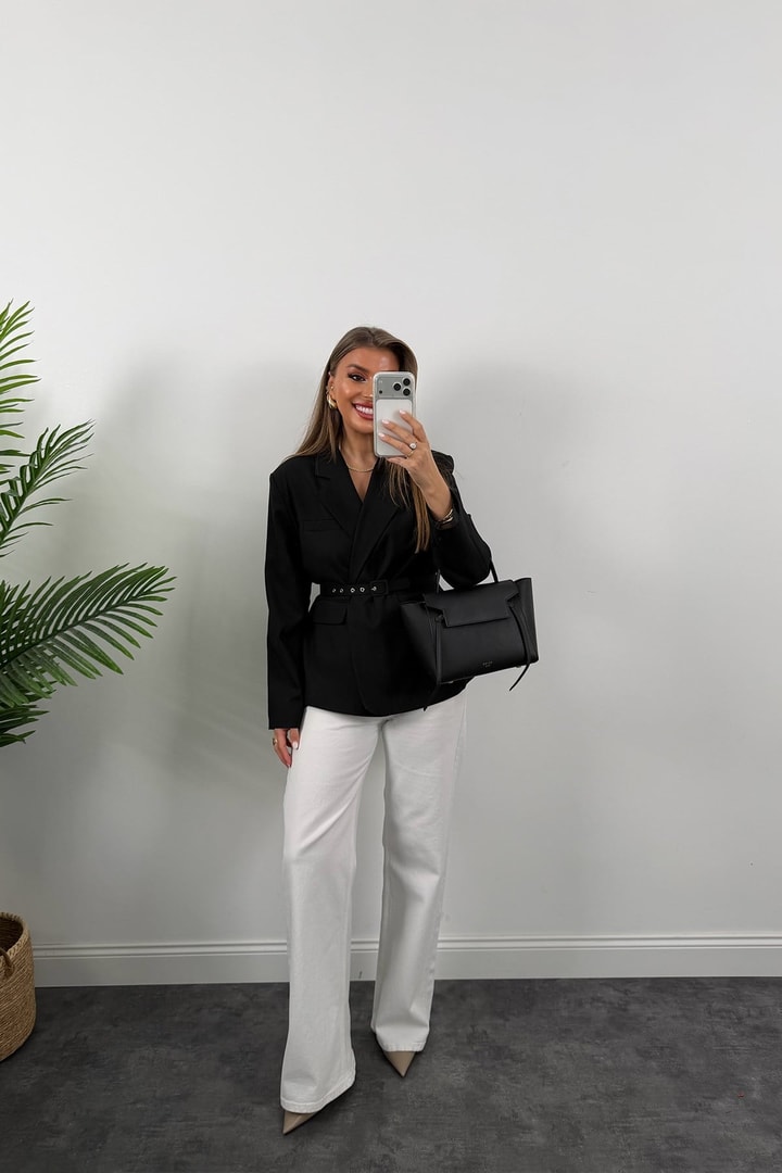 Premium Seri Kemerli Özel Dokulu Poliviskon Blazer Siyah