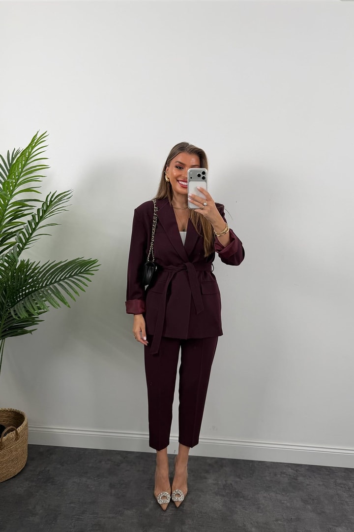 Premium Seri Kemerli Pantolon Ceket Takım Mürdüm