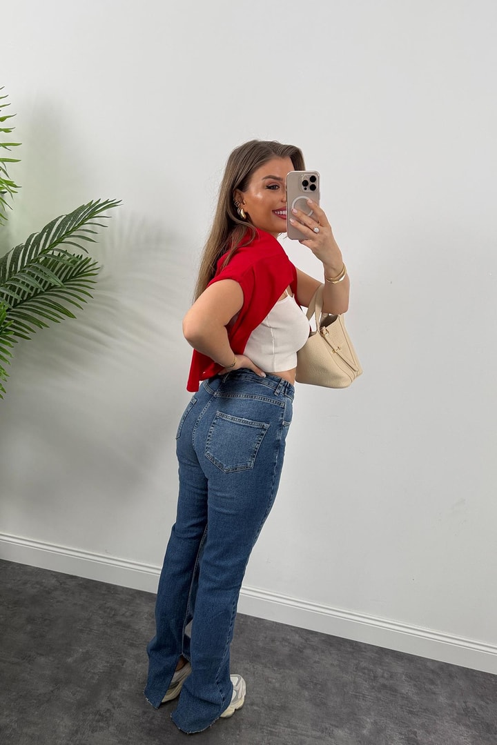 Premium Seri Kemerli Yırtmaçlı Yüksek Bel Cool Jean
