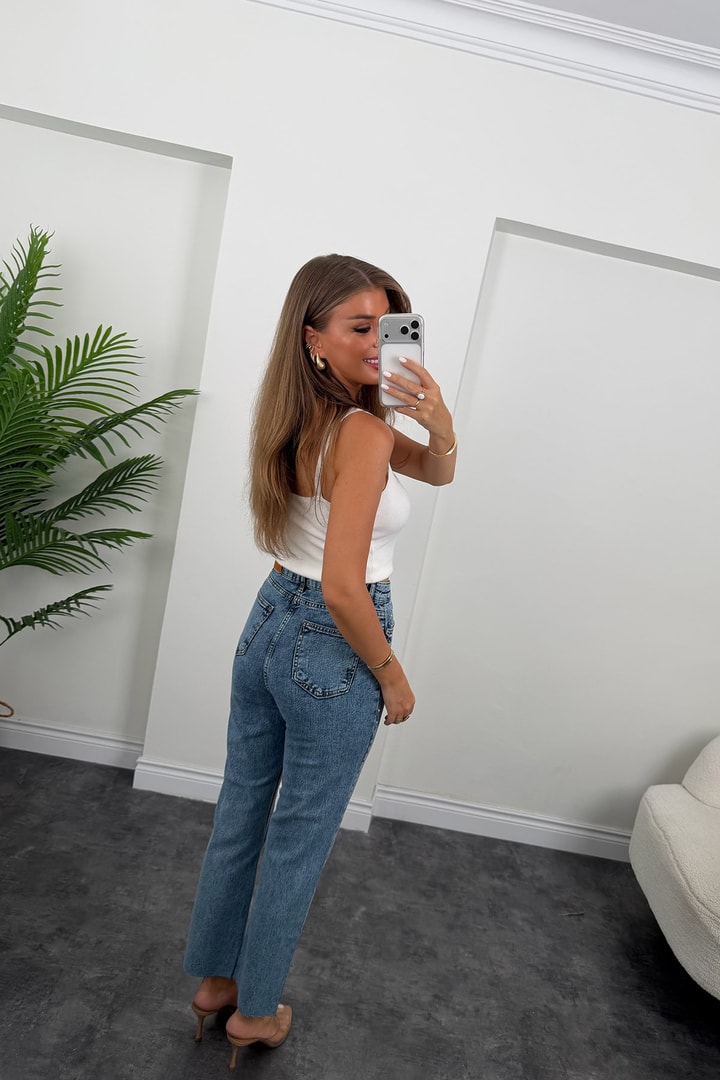 Premium Seri Kesik Paça Taşlı Bf Jean 1004 Klasik Mavi 