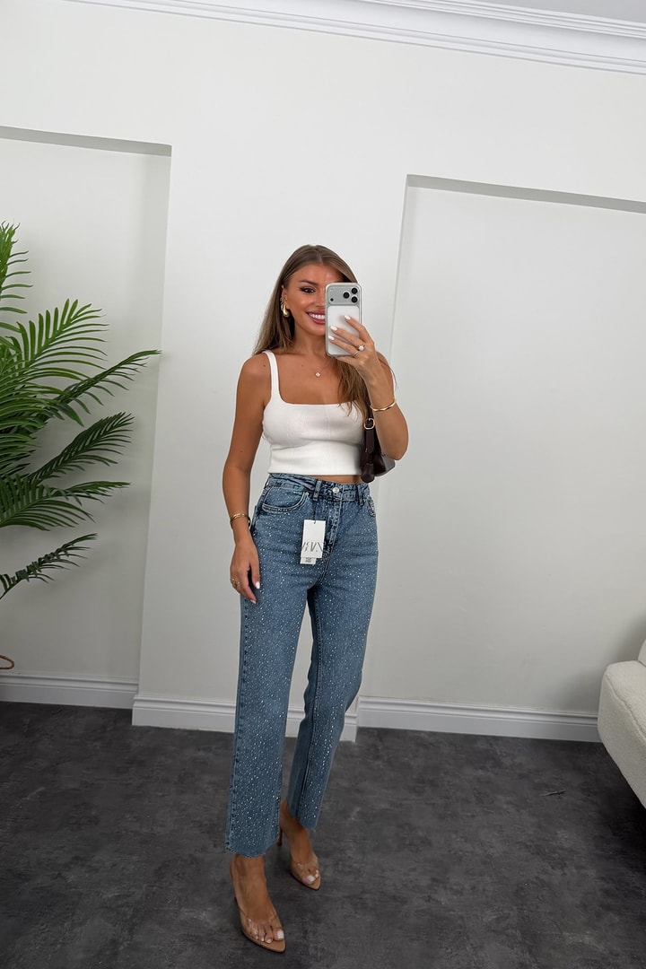 Premium Seri Kesik Paça Taşlı Bf Jean 1004 Klasik Mavi 