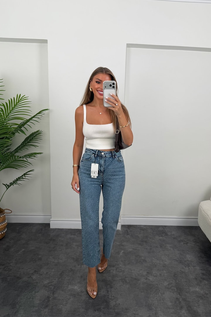 Premium Seri Kesik Paça Taşlı Bf Jean 1004 Klasik Mavi 