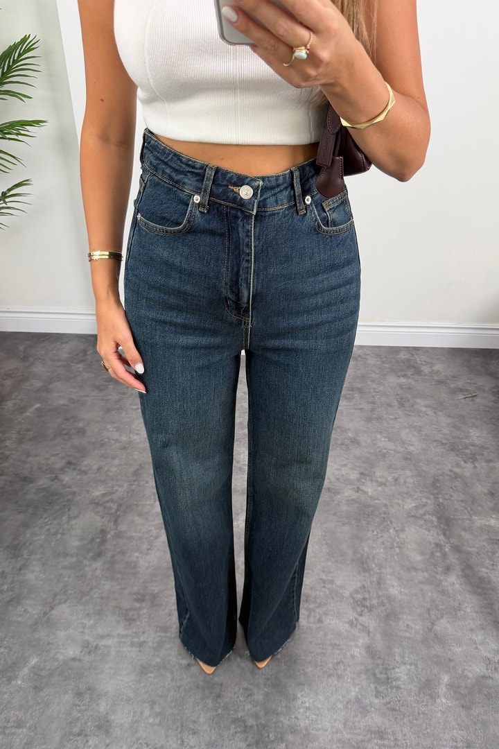 Premium Seri Kesik Paça Yüksek Bel Palazzo Jean 1014 Tintli Dark Blue