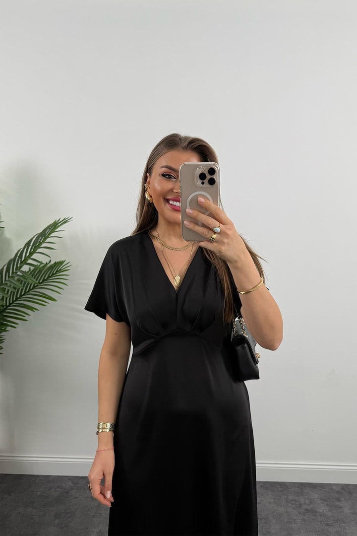Premium Seri Kimono Kol Tok Saten Midi Boy Dökümlü Elbise Siyah