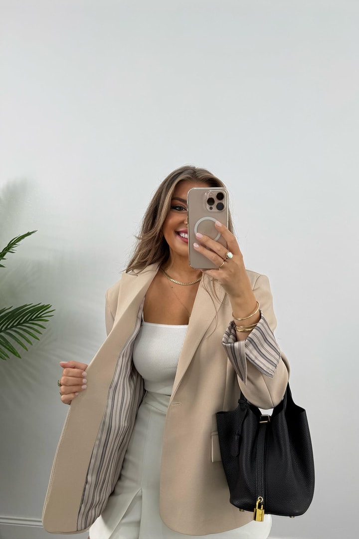 Premium Seri Kol Manşeti Çizgili Double Kumaş Blazer Ceket Taş