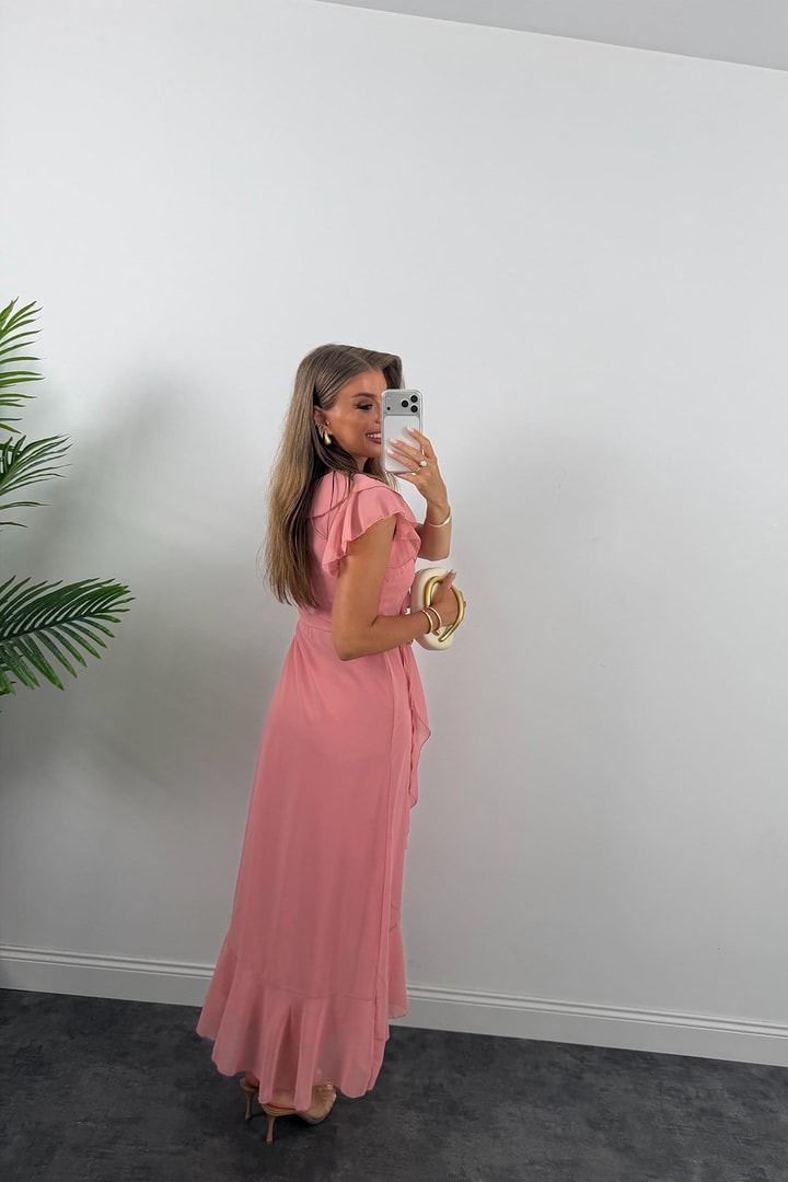 Premium Seri Kruvaze Volanlı Şifon Elbise Pastel Pembe