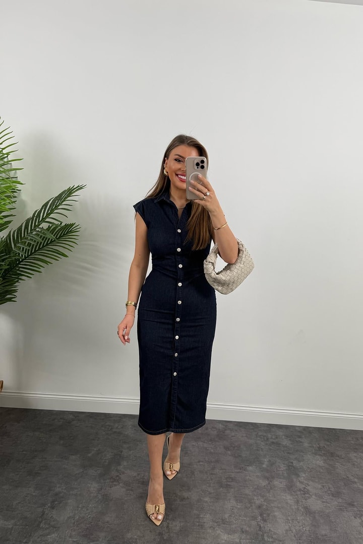Premium Seri Likralı Drapeli Midi Boy Jean Elbise Lacivert