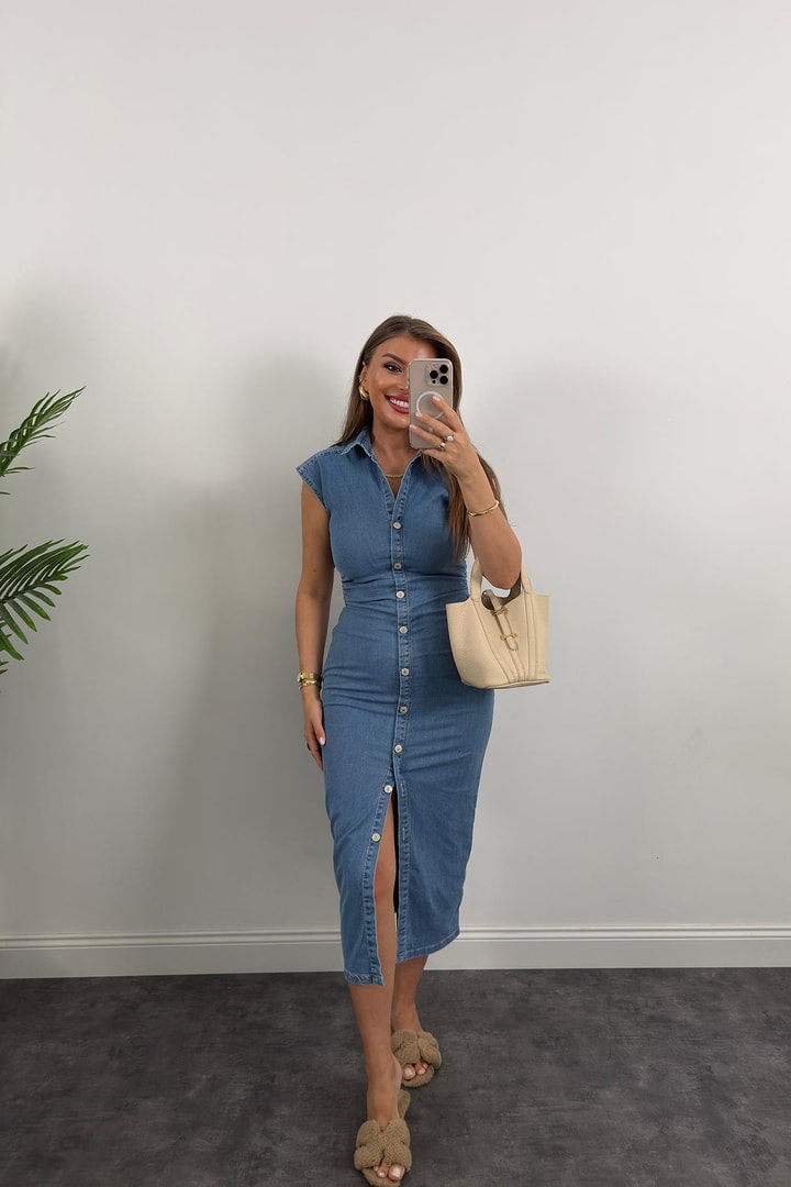 Premium Seri Likralı Drapeli Midi Boy Jean Elbise Açık Mavi