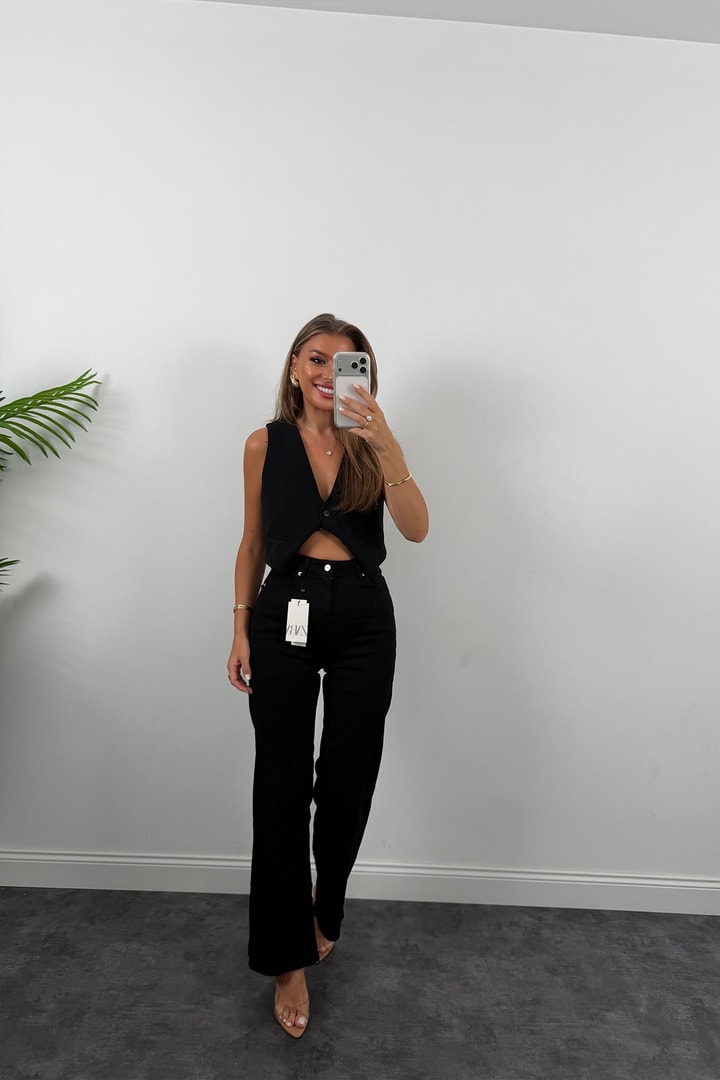 Premium Seri Lİkralı Kesik Paça Alexa Bol Paça Jean Süper Black