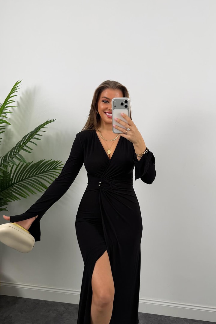 Premium Seri Likralı Kruvaze Midi Boy Elbise Siyah