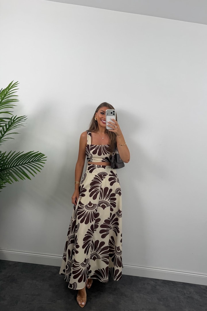 Premium Seri Maxi Etek Bluz Takım Kahve Krem Desenli 