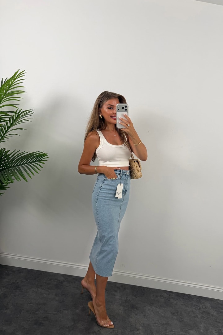 Premium Seri Midi Boy Jean Kalem Etek Açık Mavi
