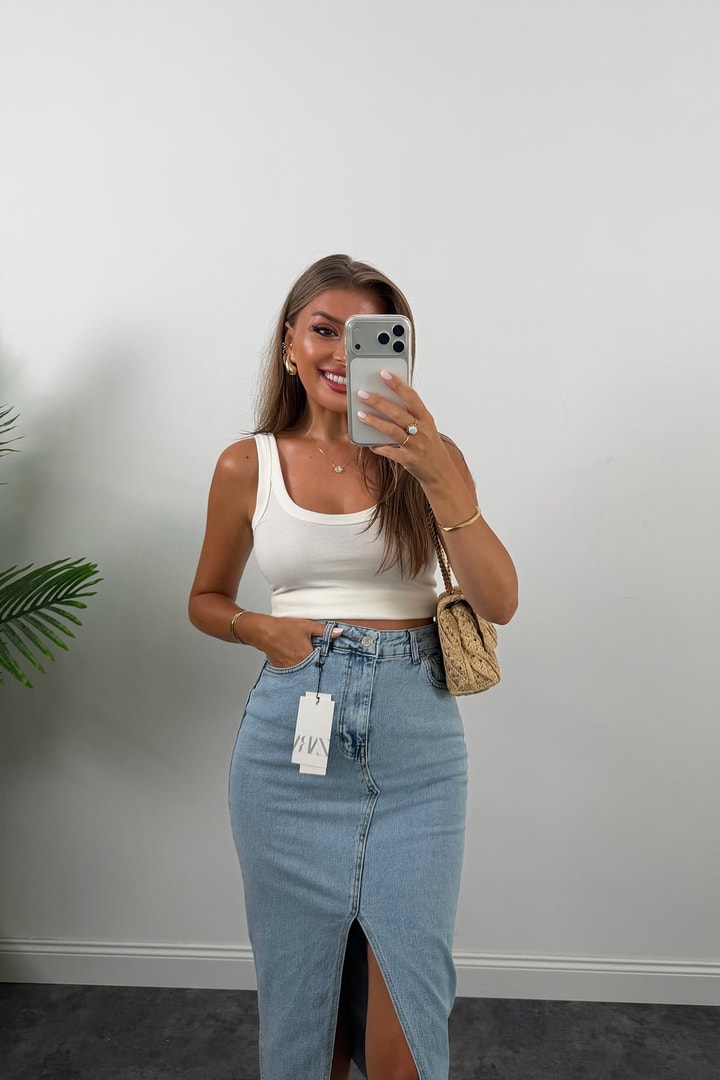 Premium Seri Midi Boy Jean Kalem Etek Açık Mavi
