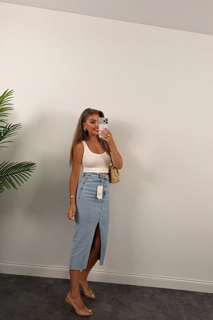 Premium Seri Midi Boy Jean Kalem Etek Açık Mavi