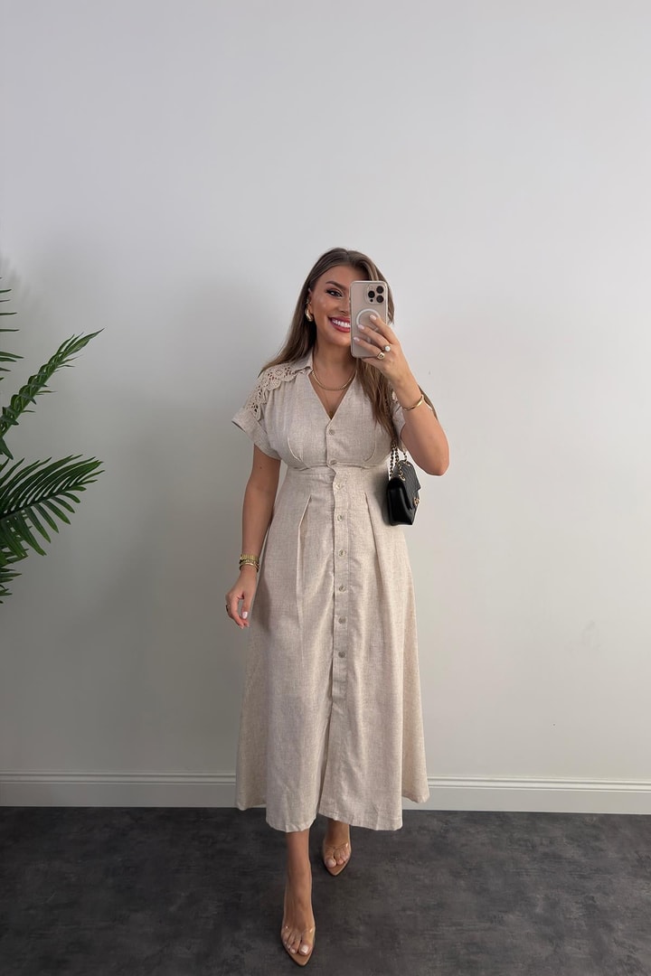 Premium Seri Omuzları Dantelli Ham Keten Midi Boy Elbise