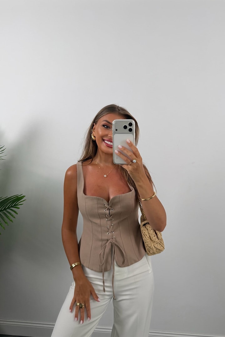 Premium Seri Önü İpli Keten Yelek Taş