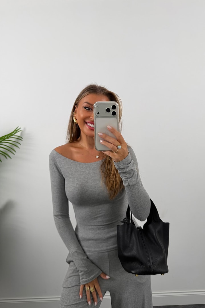 Premium Seri Organik Kumaş Kayık Yaka Bluz Palazzo Takım Gri Melanj