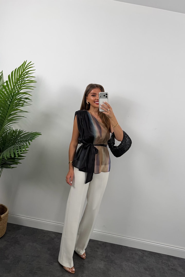 Premium Seri Organze Kumaş Tek Omuz Tasarım Bluz Siyah Desenli