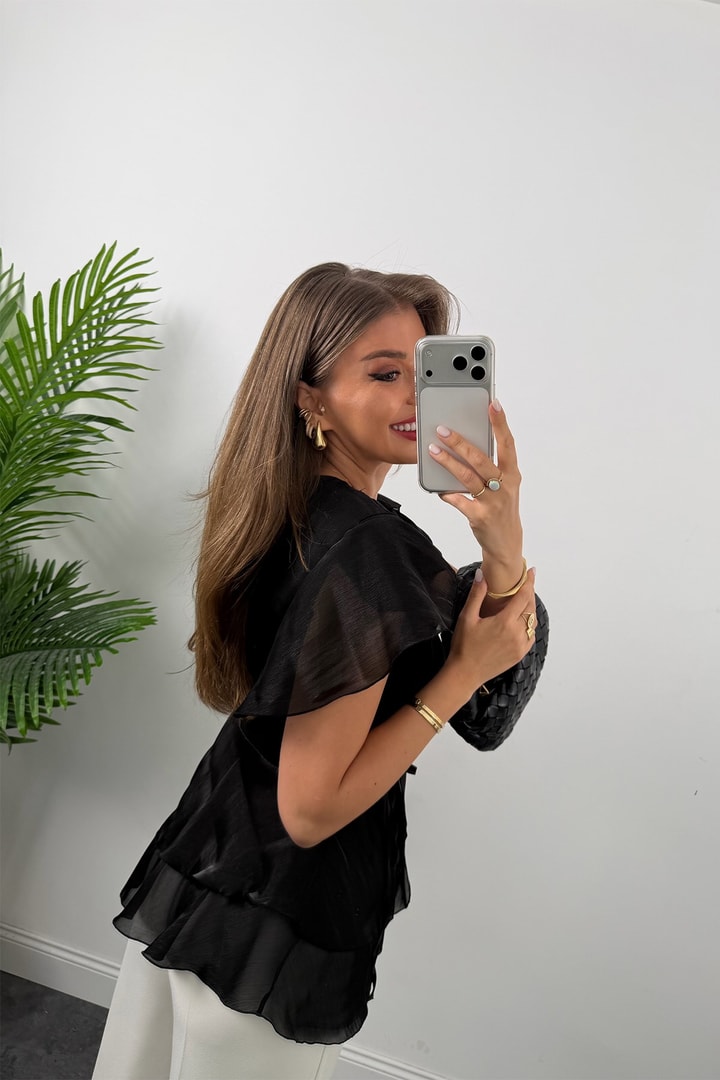 Premium Seri Organze Kumaş Valonlu Bluz Siyah