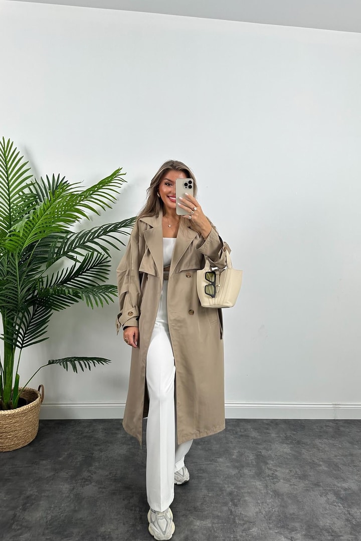 Premium Seri Özel Kumaş Kolu Kemerli Maxi Boy Trençkot