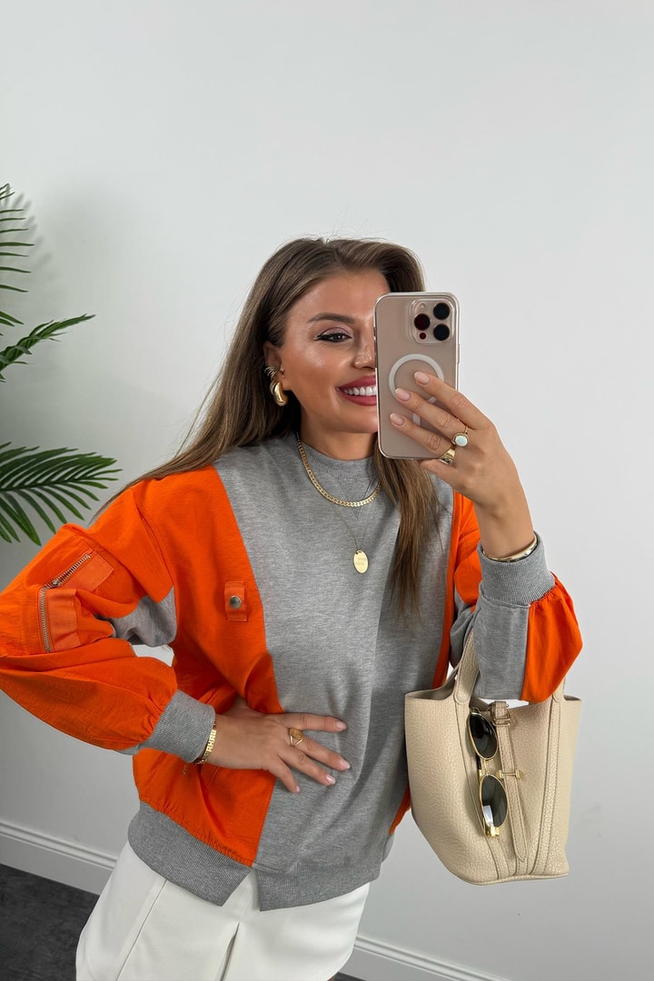 Premium Seri Paraşüt Garnili Tasarım Sweat Neon Turuncu