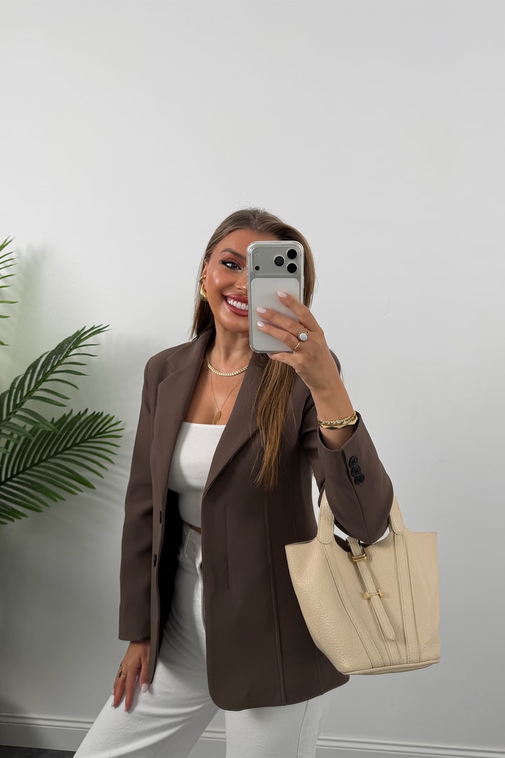 Premium Seri Pensli Kemerli Oturtma Blazer Ceket Koyu Kahve