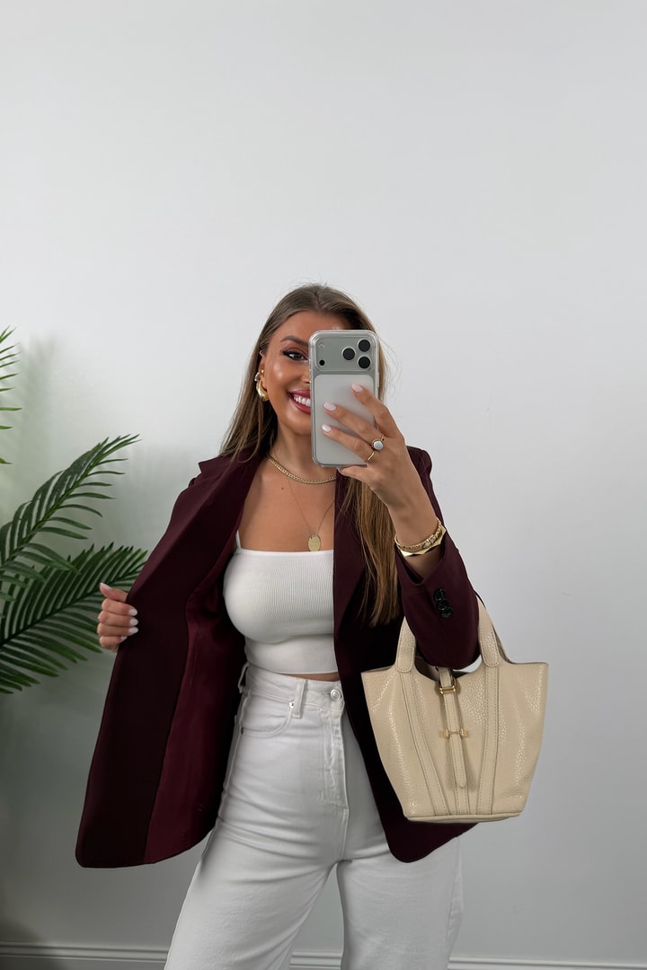 Premium Seri Pensli Kemerli Oturtma Blazer Ceket Mürdüm