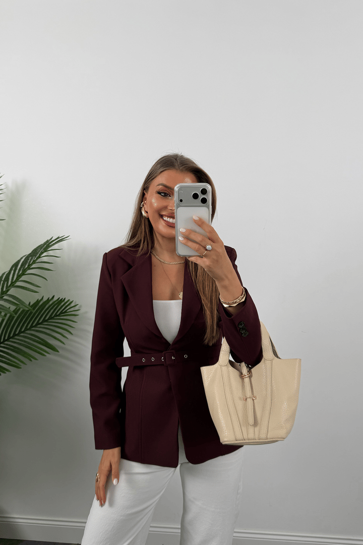 Premium Seri Pensli Kemerli Oturtma Blazer Ceket Mürdüm