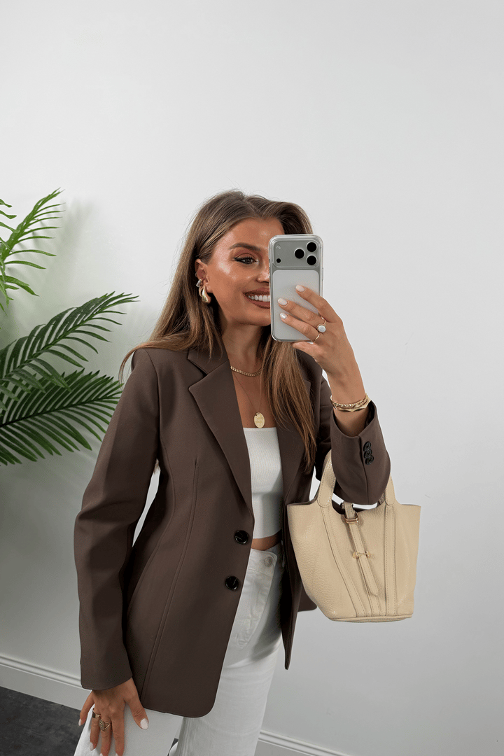 Premium Seri Pensli Kemerli Oturtma Blazer Ceket Koyu Kahve