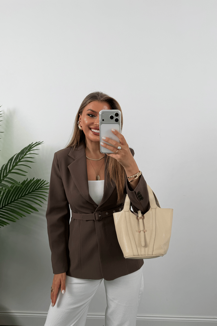 Premium Seri Pensli Kemerli Oturtma Blazer Ceket Koyu Kahve
