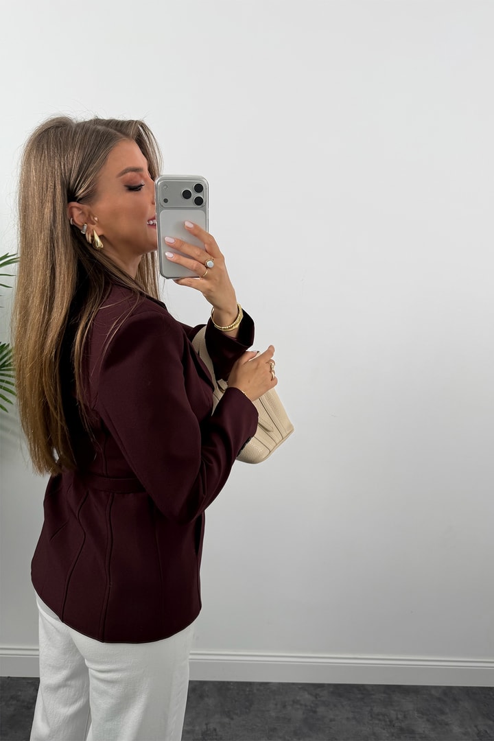 Premium Seri Pensli Kemerli Oturtma Blazer Ceket Mürdüm