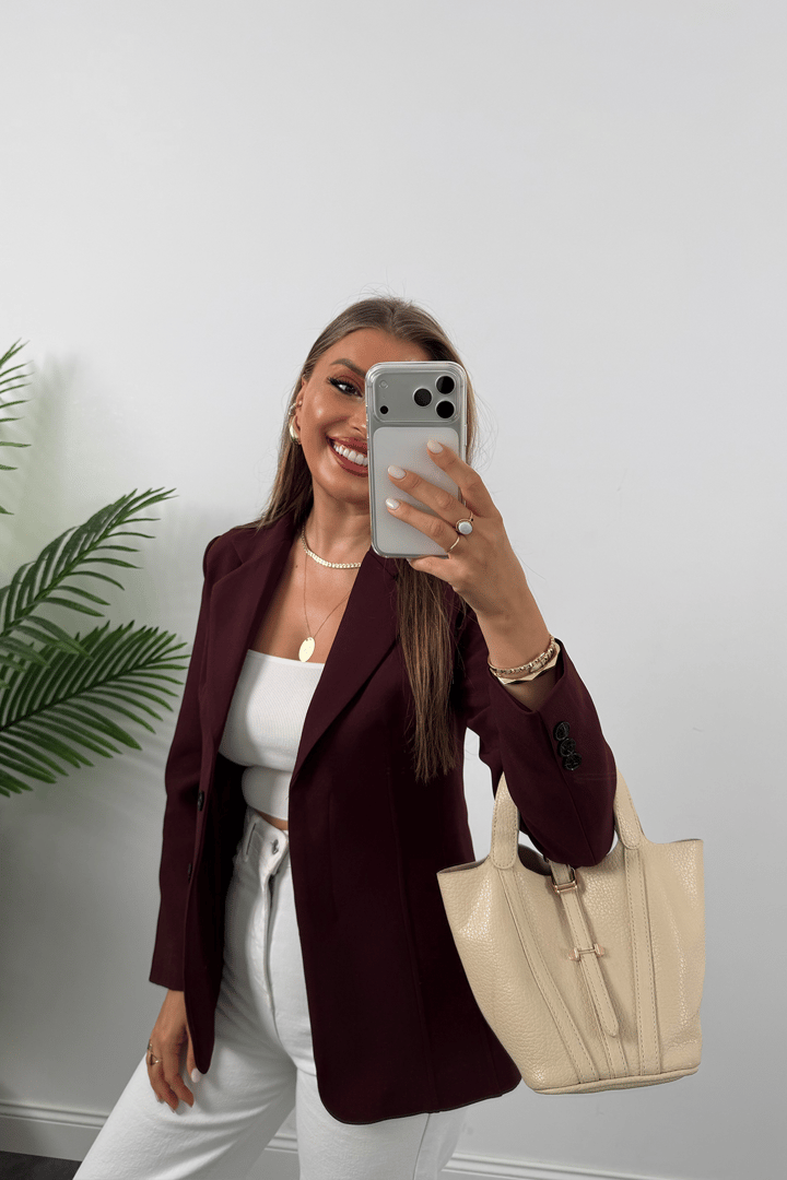 Premium Seri Pensli Kemerli Oturtma Blazer Ceket Mürdüm